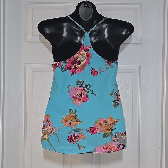 🦋101. Everly Aqua Blue Floral Halter Top size small - Picture 3 of 4